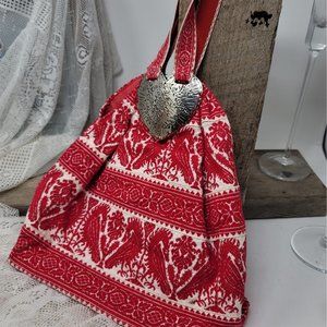 Fun Red Fabric Boho Purse w/ Metal Heart Decoration